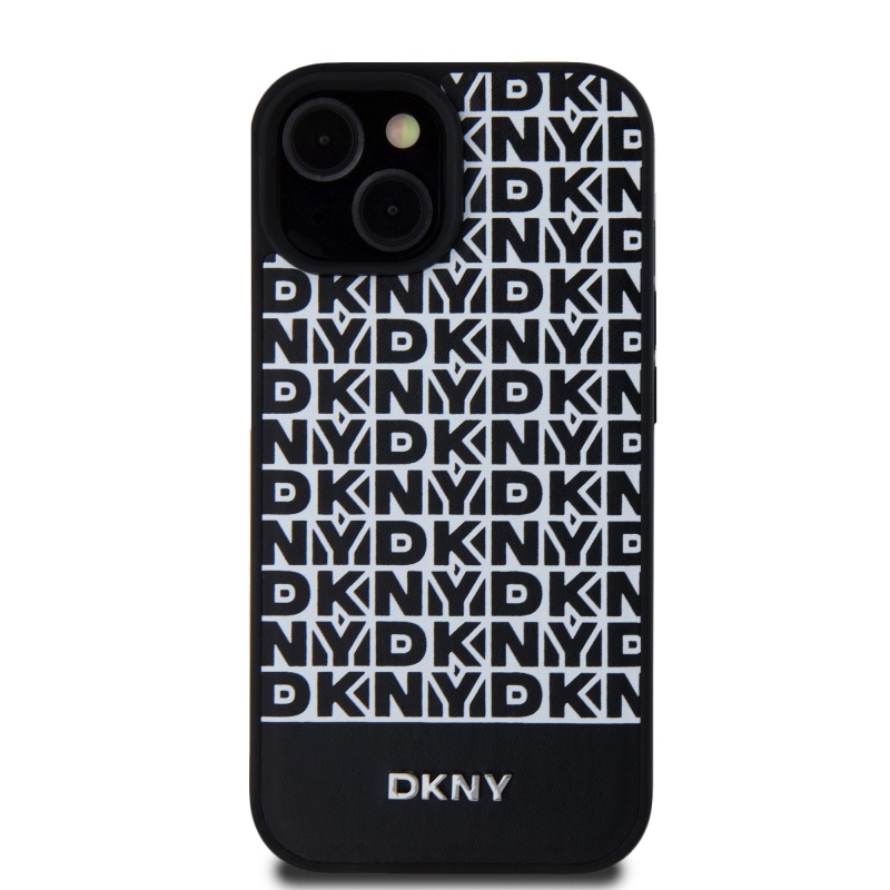 DKNY PU bőr ismétlődő mintás alsó csíkos MagSafe hátlap iPhone 15 Fekete