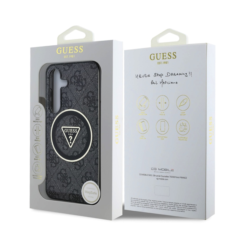Guess IML 4G csillogó és háromszög logó MagSafe hátlap Samsung Galaxy S25 fekete