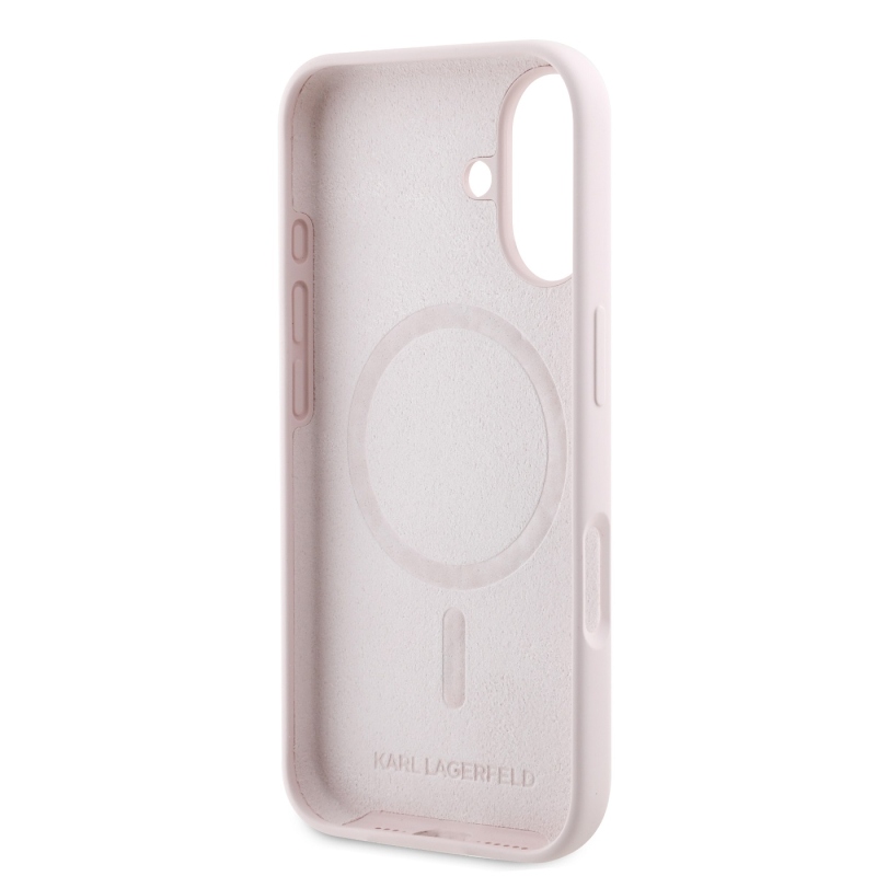 Karl Lagerfeld folyékony szilikon Karl és Choupette MagSafe hátlapi borító iPhone 16 rózsaszínhez