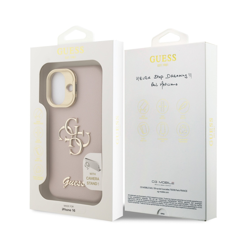 Guess PU szemcsés 4G Logo Stand Kamera keret hátlapi borító iPhone 16 rózsaszínhez