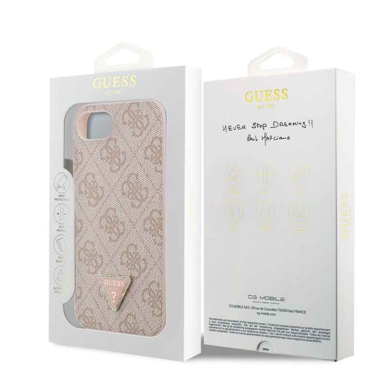 Guess PU 4G Strass háromszög fém logó hátlap iPhone 16e rózsaszínűre