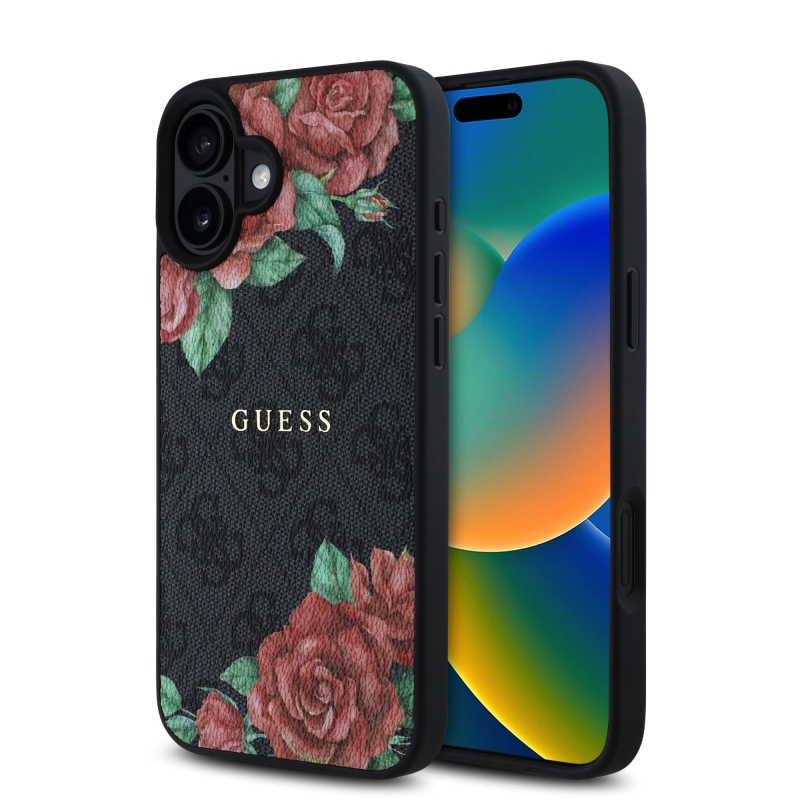 Guess PU bőr 4G rózsák MagSafe hátlap iPhone 16-hoz Fekete