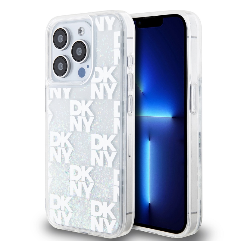 DKNY Liquid Glitter Checkered Pattern hátlap iPhone 15 Pro-hoz Átlátszó