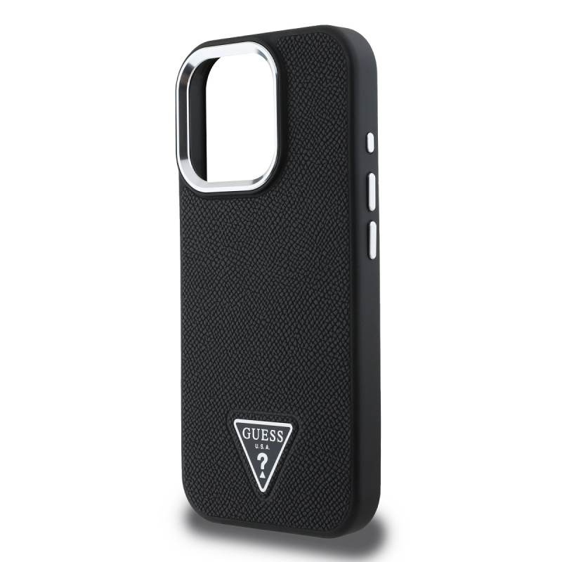 Guess PU szemcsés, háromszög alakú logós hátlap iPhone 16 Pro Fekete