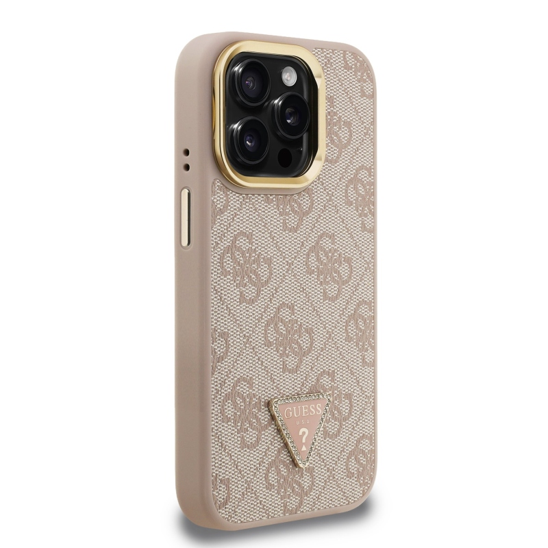 Guess PU 4G Strass háromszög logó állvány kamerakeret MagSafe hátlapi borító iPhone 15 Pro rózsaszínhez