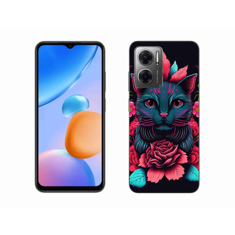 Gél borító mmCase a Xiaomi Redmi 10 5G számára - virágok és macska