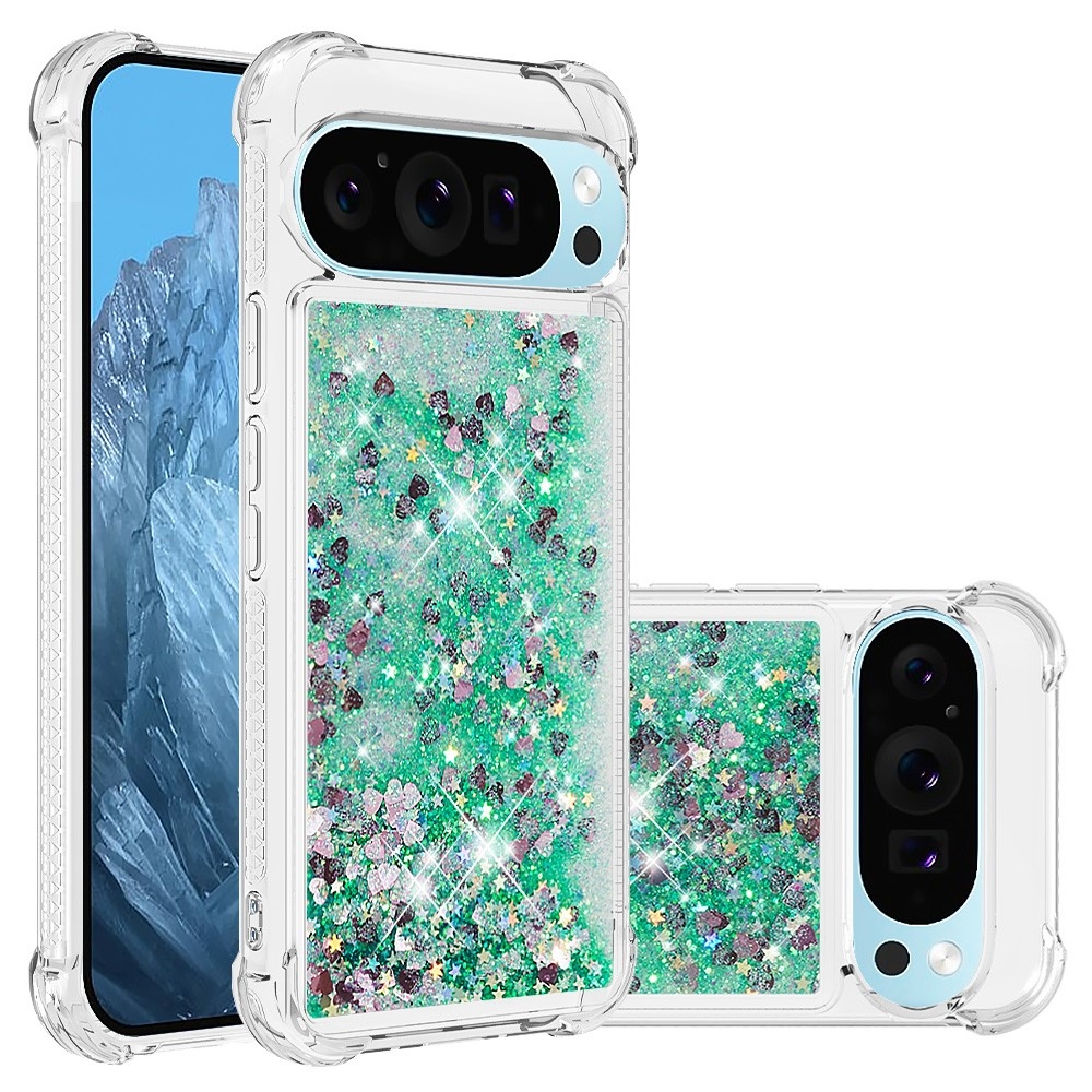 Csillogó homokóra zselés tok Google Pixel 10 Pro/Pixel 10 - zöld/szívek