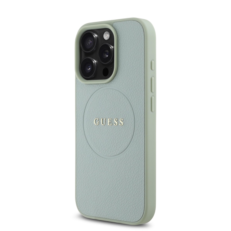 Guess PU szemcsés klasszikus logós MagSafe hátlap iPhone 16 Pro Max-hoz Zöld