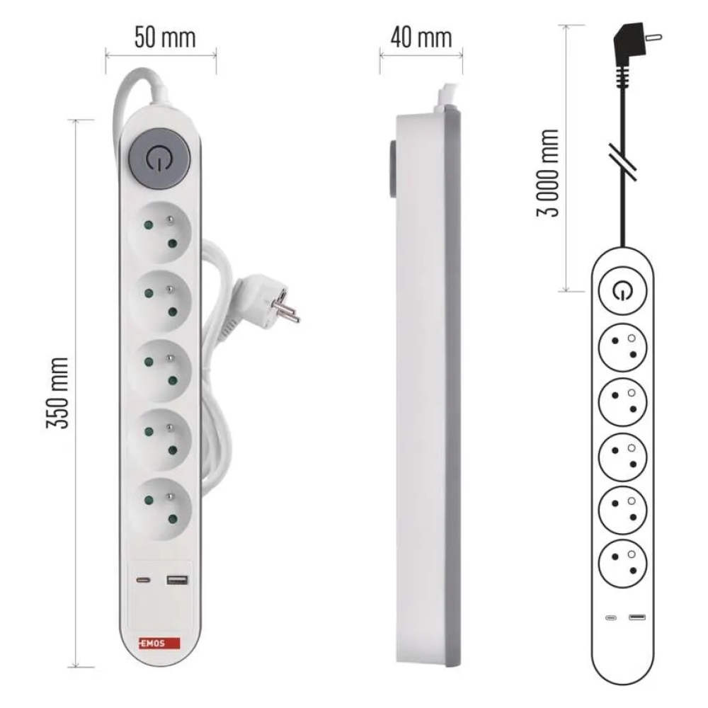 Hosszabbító kábel 3 m / 5 aljzat / kapcsolóval / fehér / 1×USB-A + 1×USB-C / 1,5 mm2
