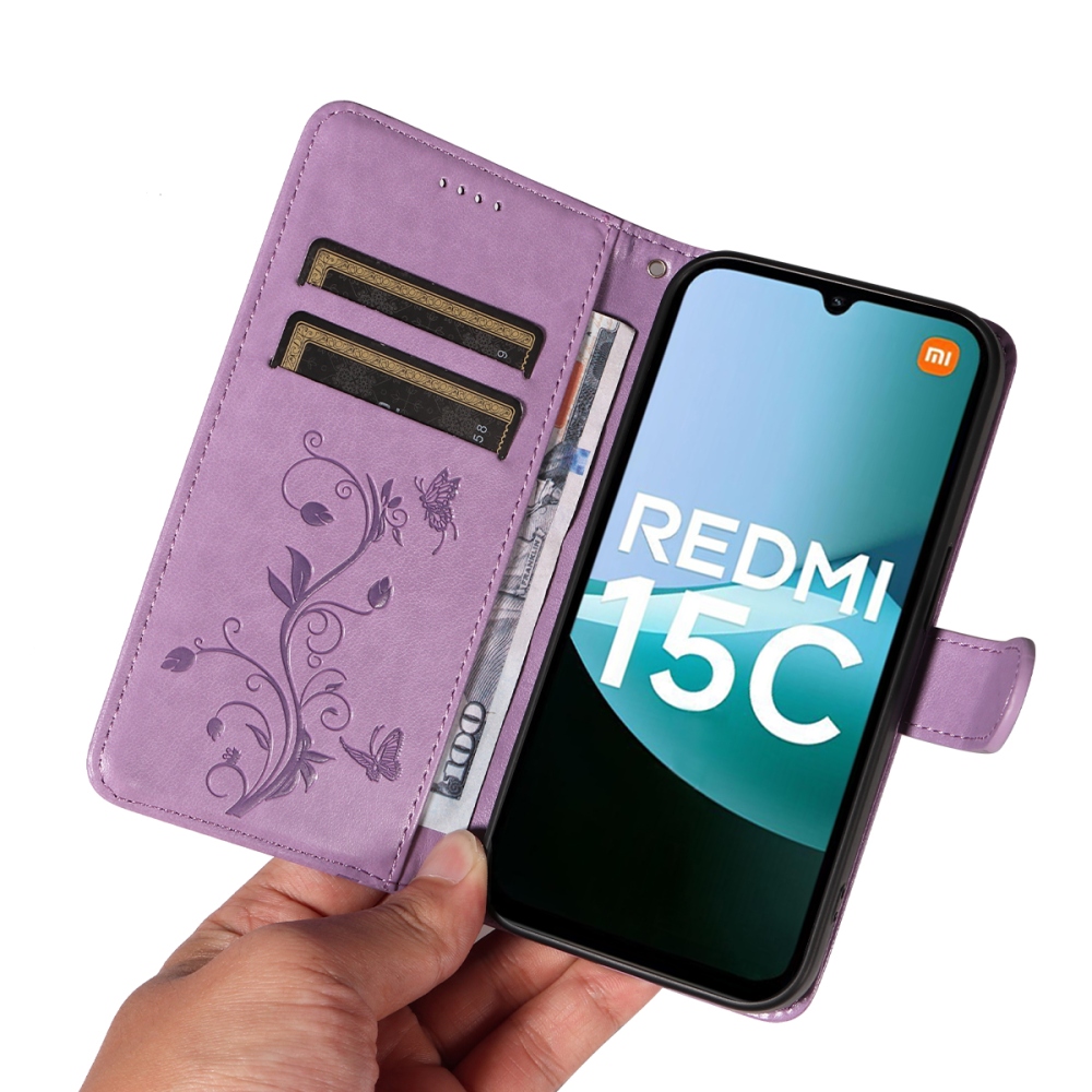 Virágok könyv tok Xiaomi Redmi 15C 4G/5G (173mm) - világos lila