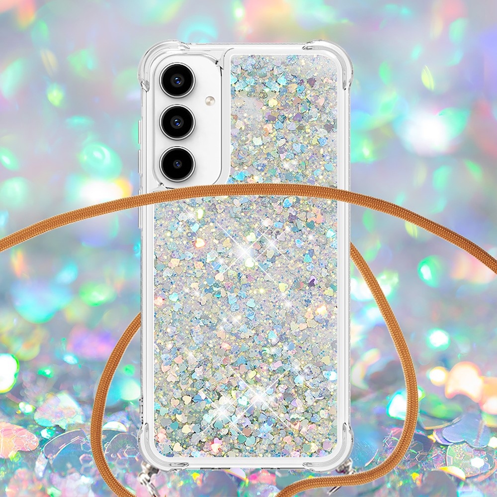 Csillogó homokóra zselés tok zsinórral Samsung Galaxy A36 5G-hez - ezüst/szívecske