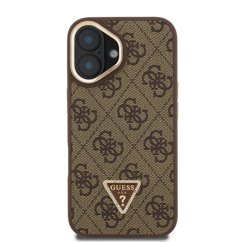 Guess PU 4G Strass háromszög logó állvány kamera keret MagSafe hátlapi borító iPhone 16 barna barna