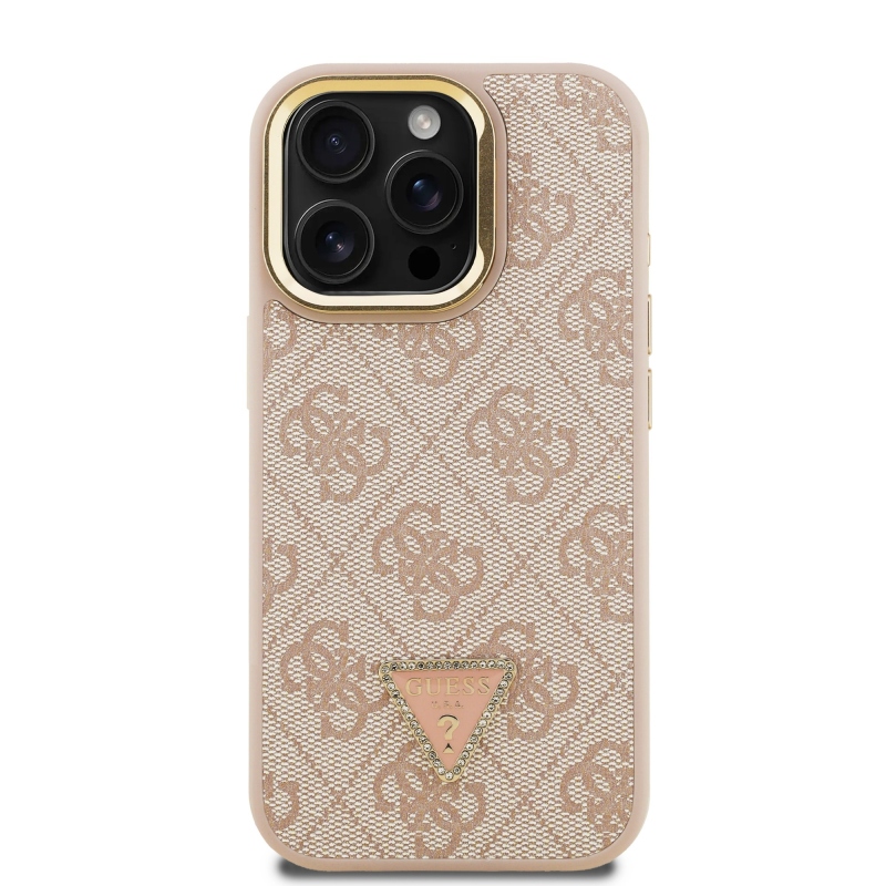 Guess PU 4G Strass háromszög logó állvány kamerakeret MagSafe hátlapi borító iPhone 15 Pro Max rózsaszínhez