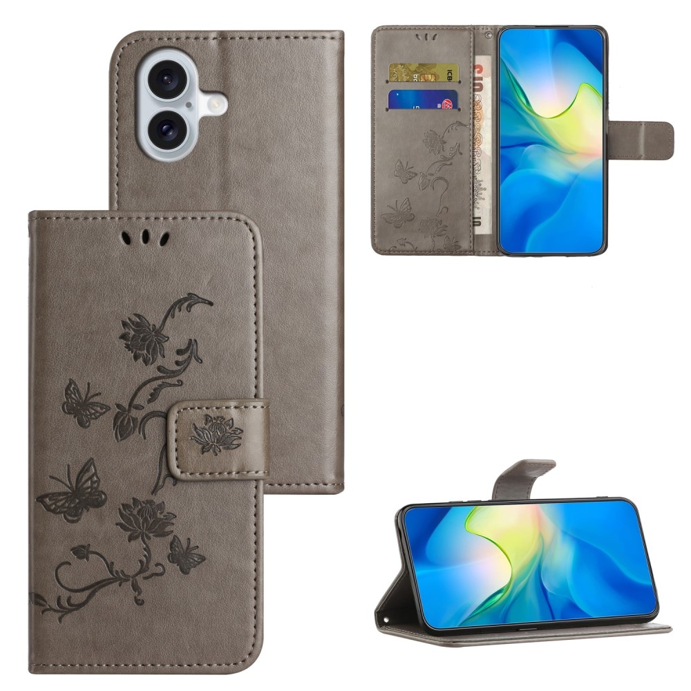 Virágos könyvtáska iPhone 16-hoz - szürke