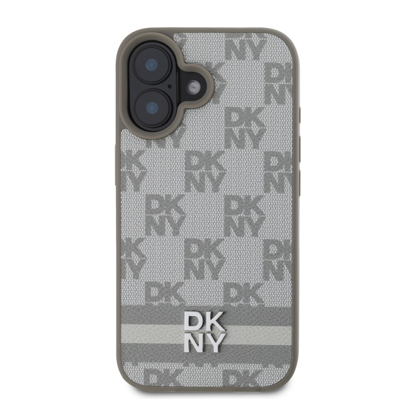 DKNY PU bőr kockás mintás és csíkos hátlapi borító iPhone 16 bézs színű készülékhez