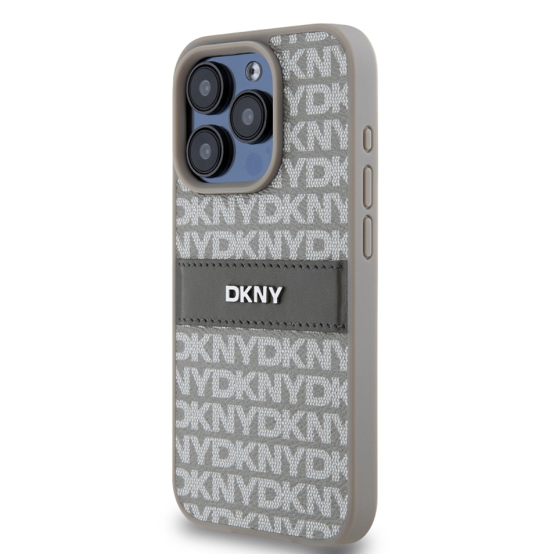 DKNY PU bőr ismétlődő mintás tonális csíkos hátlapi borító iPhone 14 Pro Max bézs színűhöz