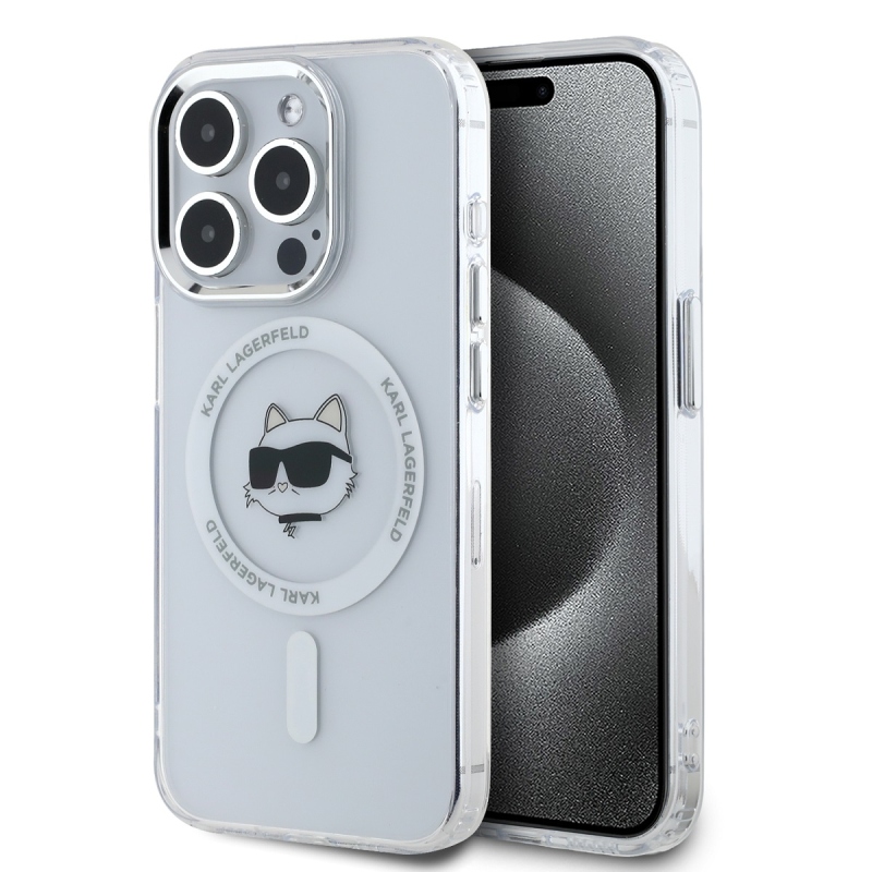 Karl Lagerfeld IML Choupette Head fémkeret MagSafe hátlapi borító iPhone 15 Pro Max-hoz Átlátszó