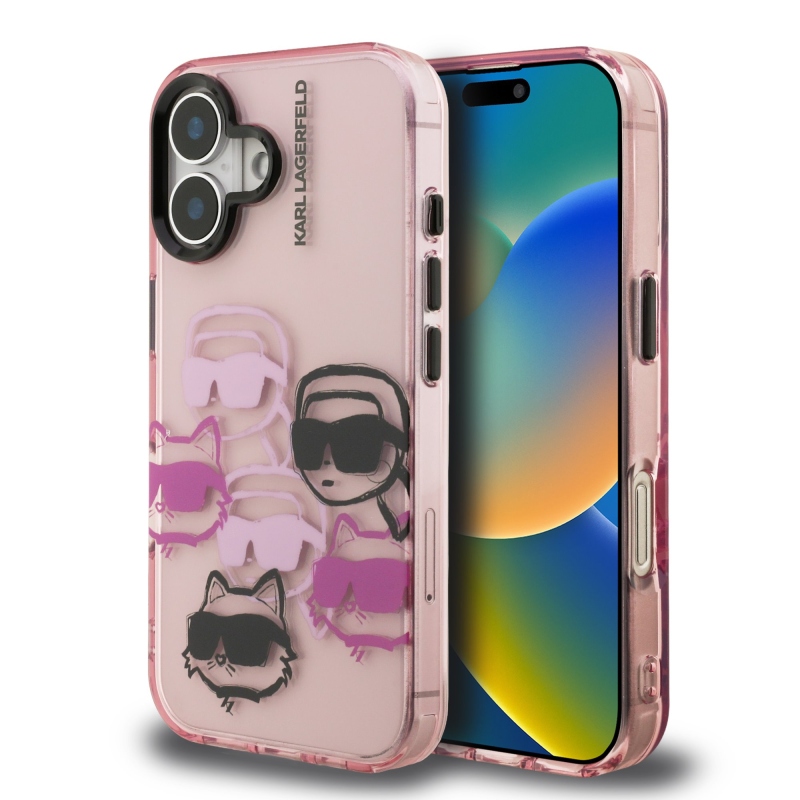 Karl Lagerfeld IML Multi K&CH Heads hátlapi borító iPhone 16 rózsaszínű készülékhez