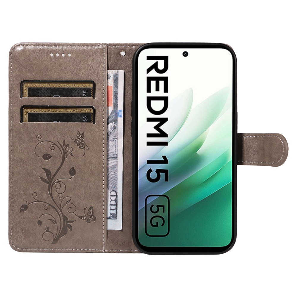 Virágos könyves tok Xiaomi Redmi 15 4G (171mm) - szürke