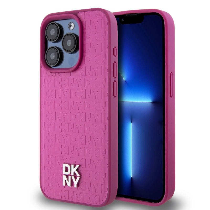 DKNY PU bőr Ismétlődő mintás Stack Logo Magsafe hátlap iPhone 15 Pro rózsaszínűhez