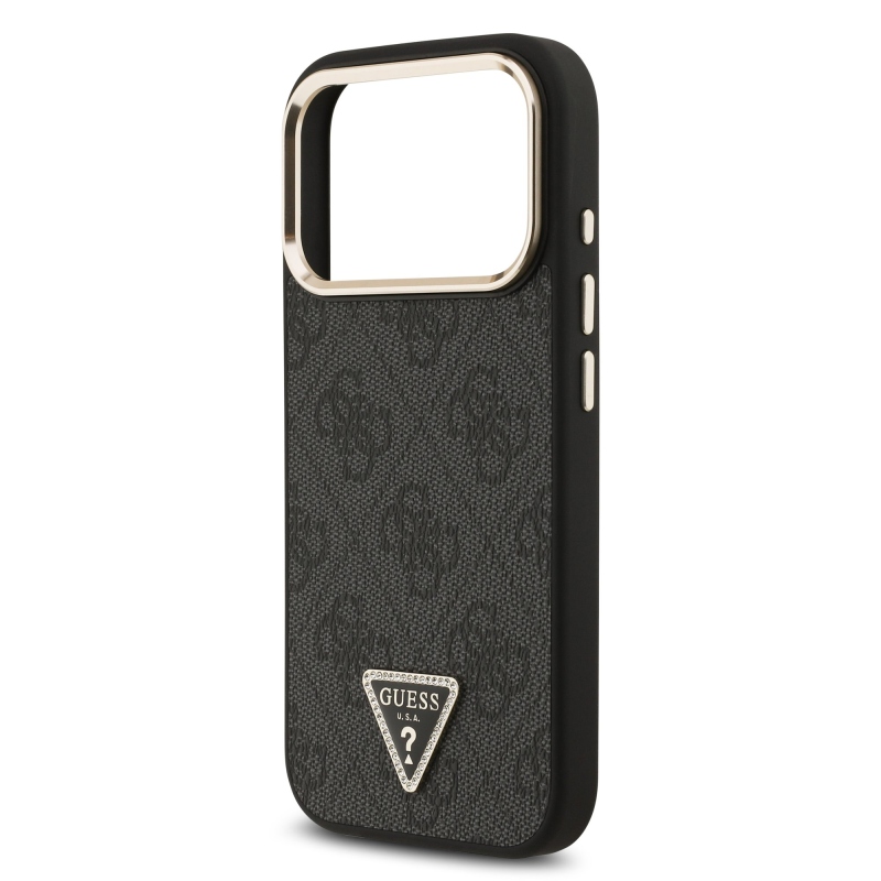 Guess PU bőr 4G Strass háromszög logó arany keret MagSafe hátlap iPhone 17 Pro Fekete fekete