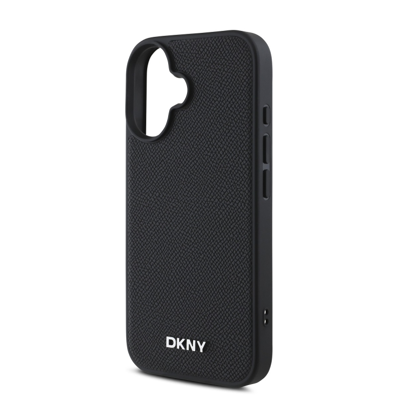 DKNY PU bőr ezüst fém logó Magsafe hátlap iPhone 16-hoz Fekete