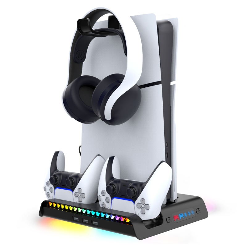 iPega P5S006 Többfunkciós újratölthető RGB állvány hűtéssel a PS5 Slimhez Fekete