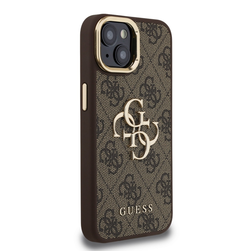 Guess PU 4G fém logó állvány kamera keret hátlapja iPhone 13 barna barna
