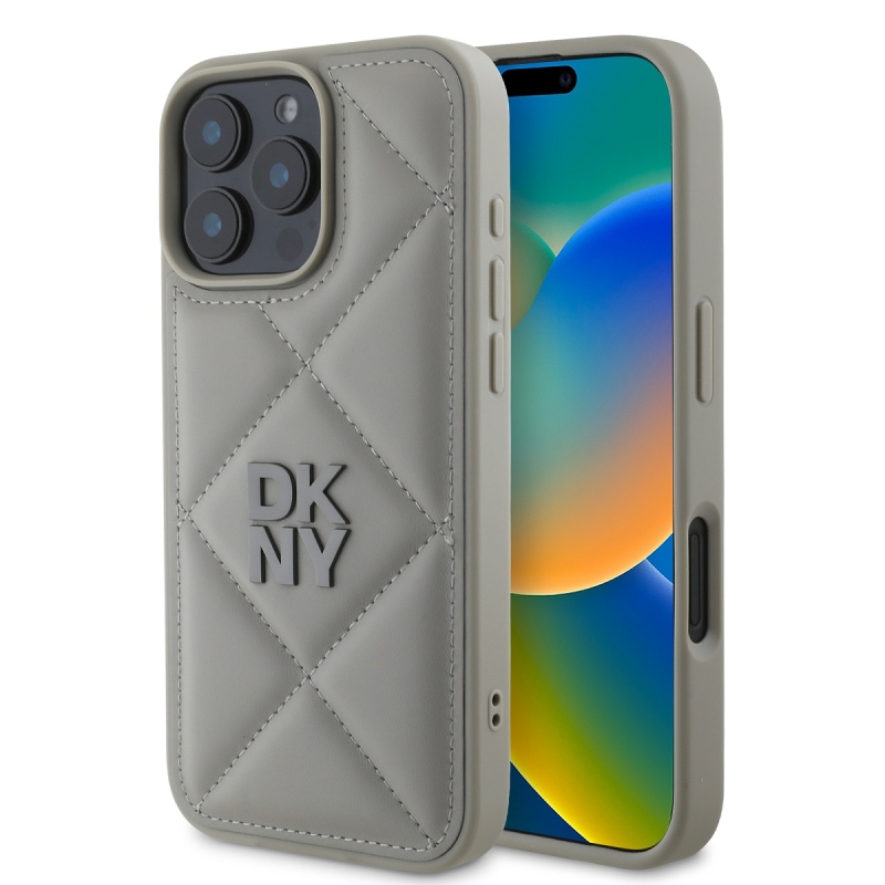 DKNY PU bőr steppelt stack logó hátlap iPhone 16 Pro Max szürke