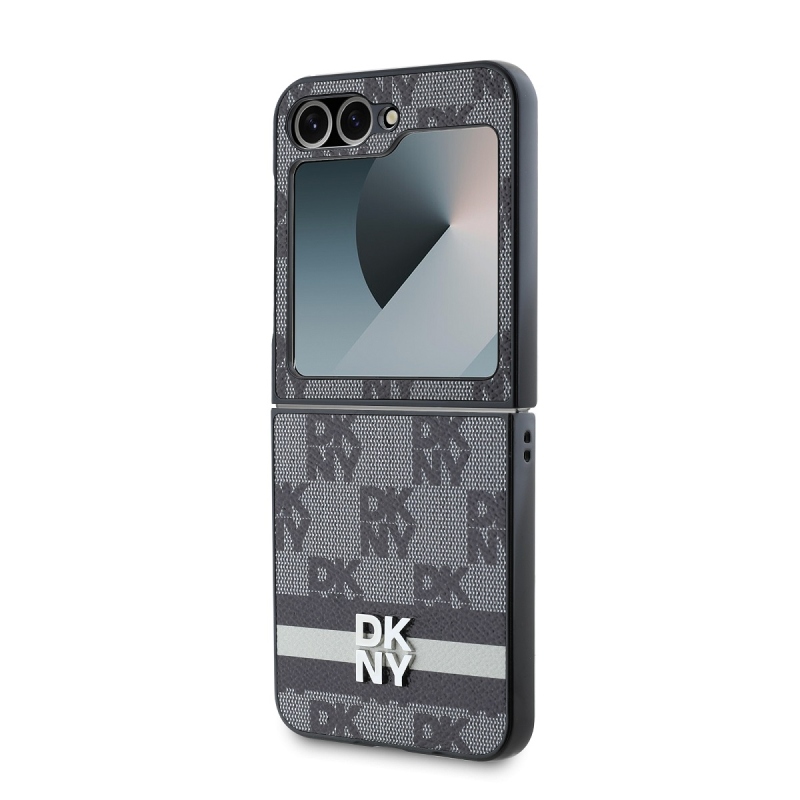 DKNY PU bőr kockás mintás és csíkos hátsó borító Samsung Galaxy Z Flip 6 Fekete