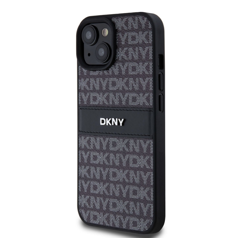 DKNY PU bőr ismétlődő mintás tonális csíkos hátlapi borító iPhone 15-hez Fekete