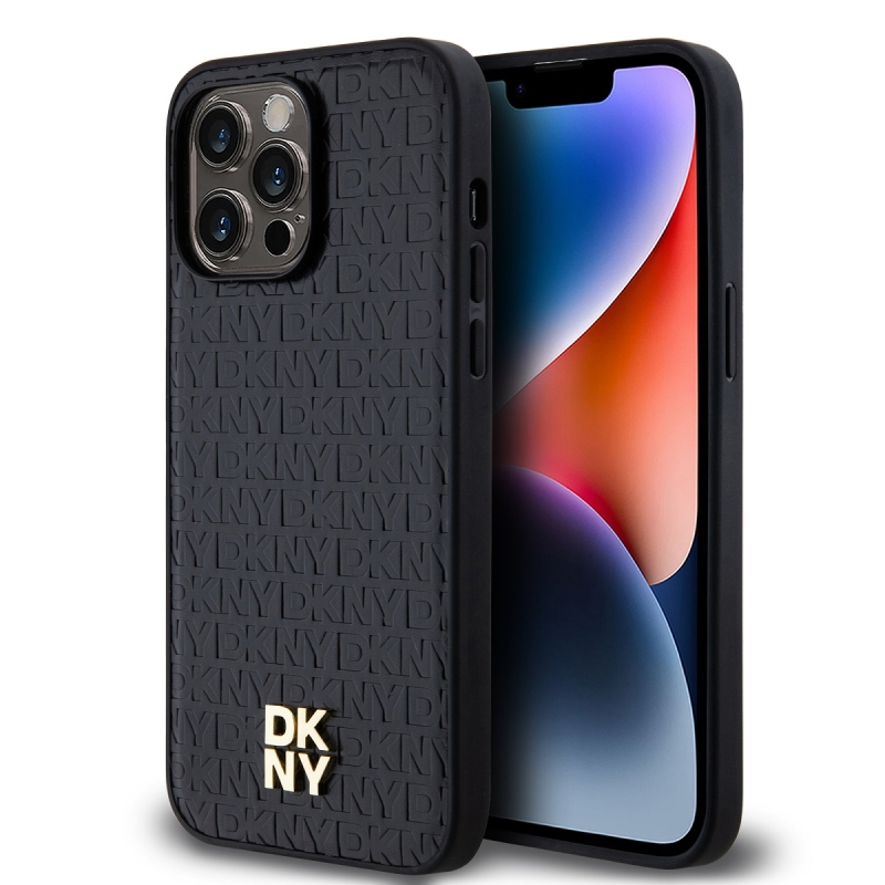 DKNY PU bőr Ismétlődő mintás Stack Logo Magsafe hátlap iPhone 13 Pro Max-hoz Fekete