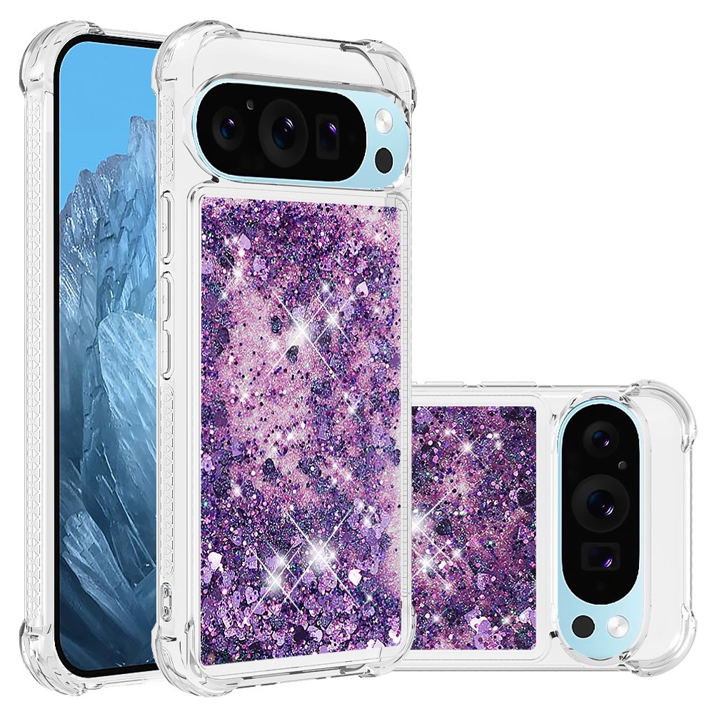 Csillogó homokóra zselés tok Google Pixel 10 Pro/Pixel 10 - sötétlila/szívecske