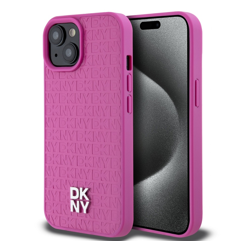DKNY PU bőr Ismétlődő mintás Stack Logo Magsafe hátlap iPhone 15 rózsaszínhez