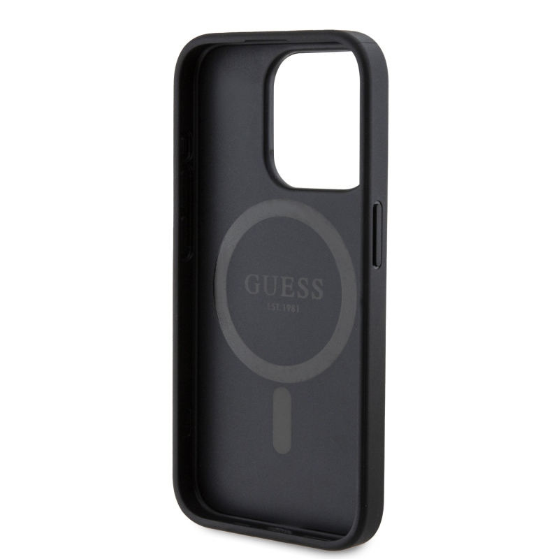 Guess PU bőr 4G színes gyűrűs MagSafe hátlap iPhone 15 Pro Fekete