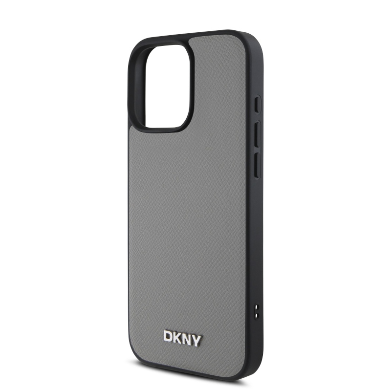 DKNY PU bőr ezüst fém logó Magsafe hátlap iPhone 16 Pro Max szürke szürkéhez