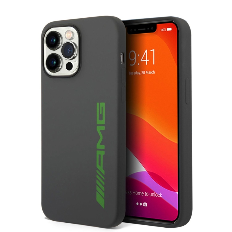 AMG Liquid szilikon zöld logós hátlap iPhone 14 Pro Max-hoz szürke