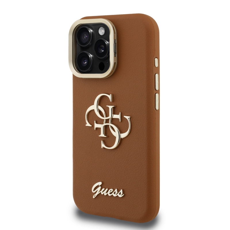 Guess PU szemcsés 4G logós állvány kamerakeret hátlap iPhone 16 Pro Max-hoz barna barna