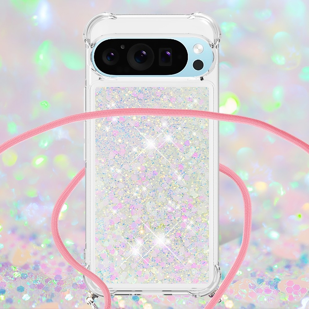 Csillogó homokóra zselés tok húzózsinórral Google Pixel 10 Pro/Pixel 10 - rózsaszín/ezüst/szív