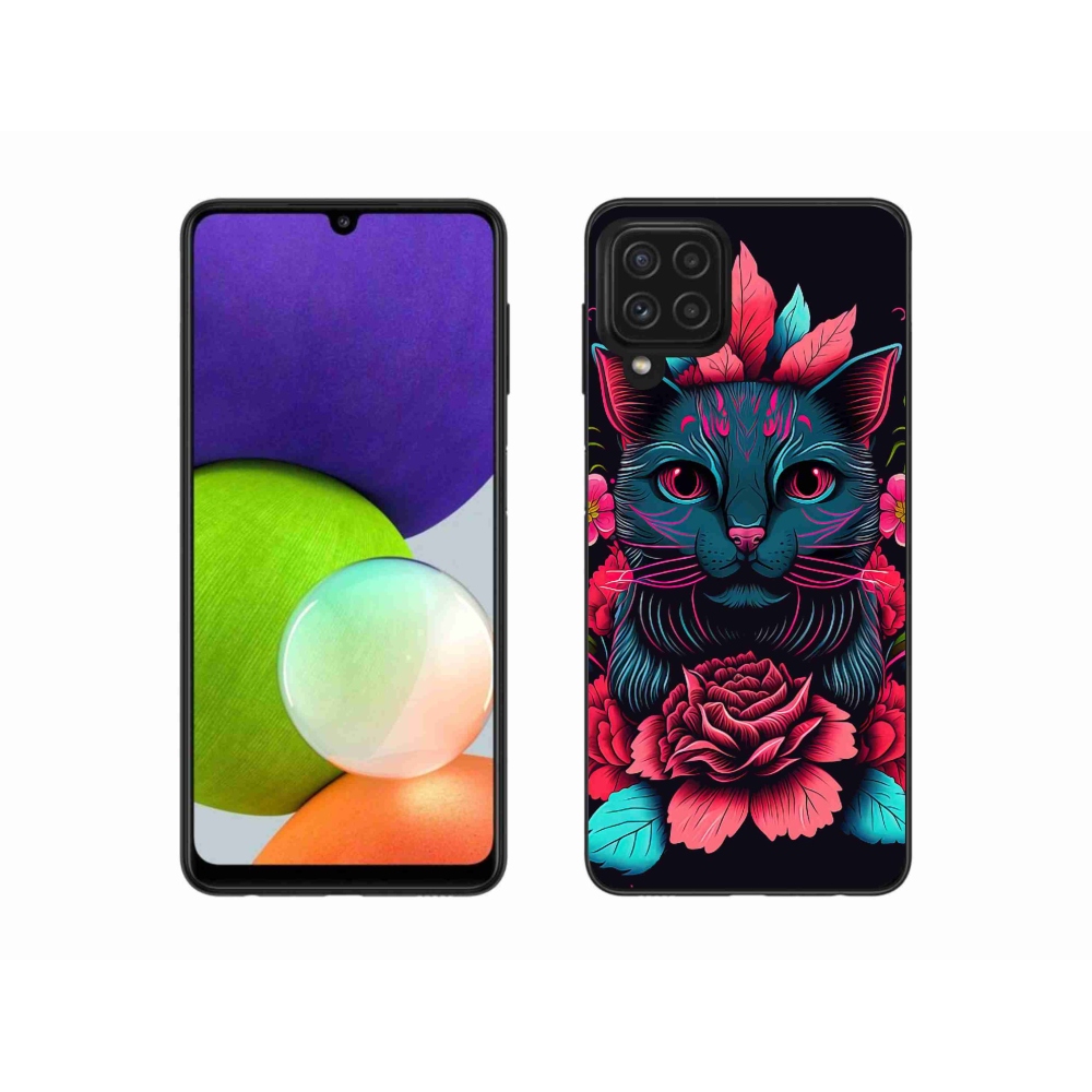 Gél borítás mmCase Samsung Galaxy A22 4G - virágok és macska