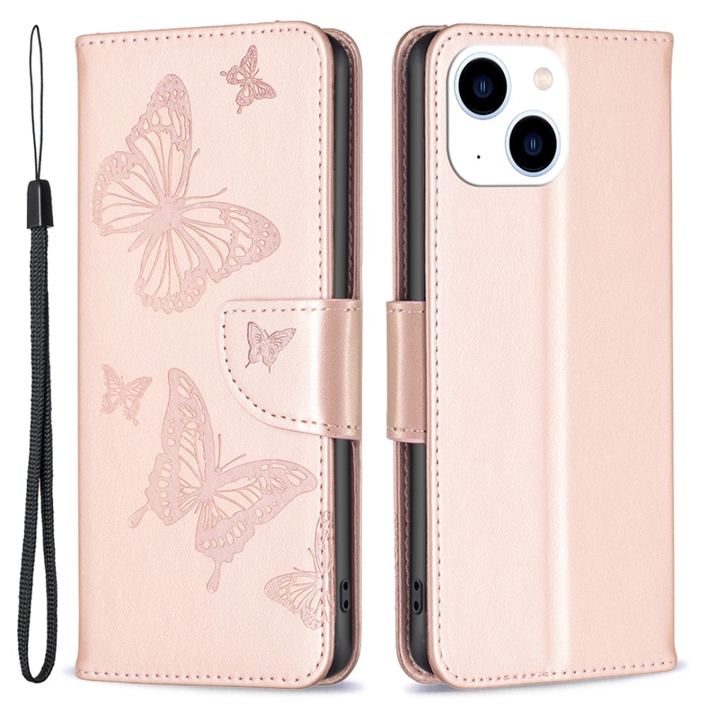 Pillangó könyvtáska iPhone 15 készülékhez - rózsaszín arany