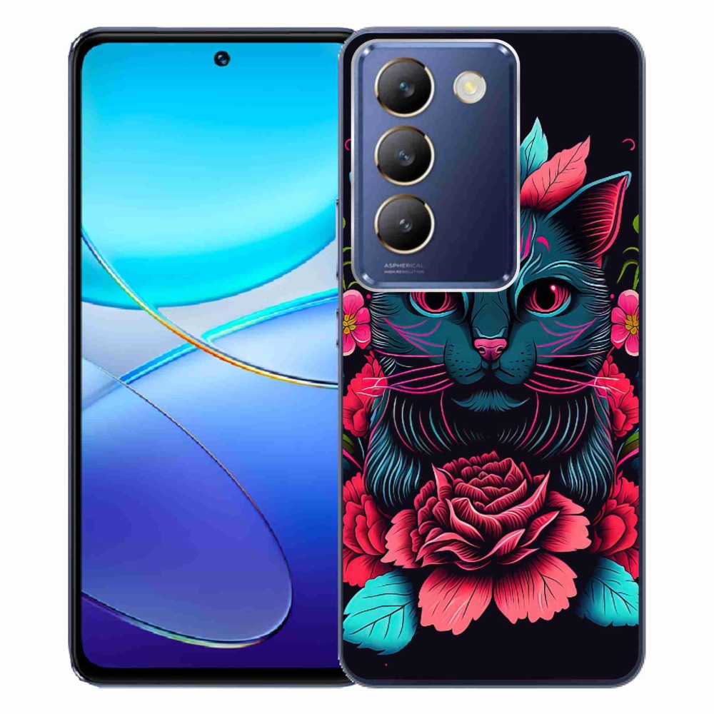 Gél borító mmCase a Vivo V40 SE 4G/5G készülékhez - virágok és macska