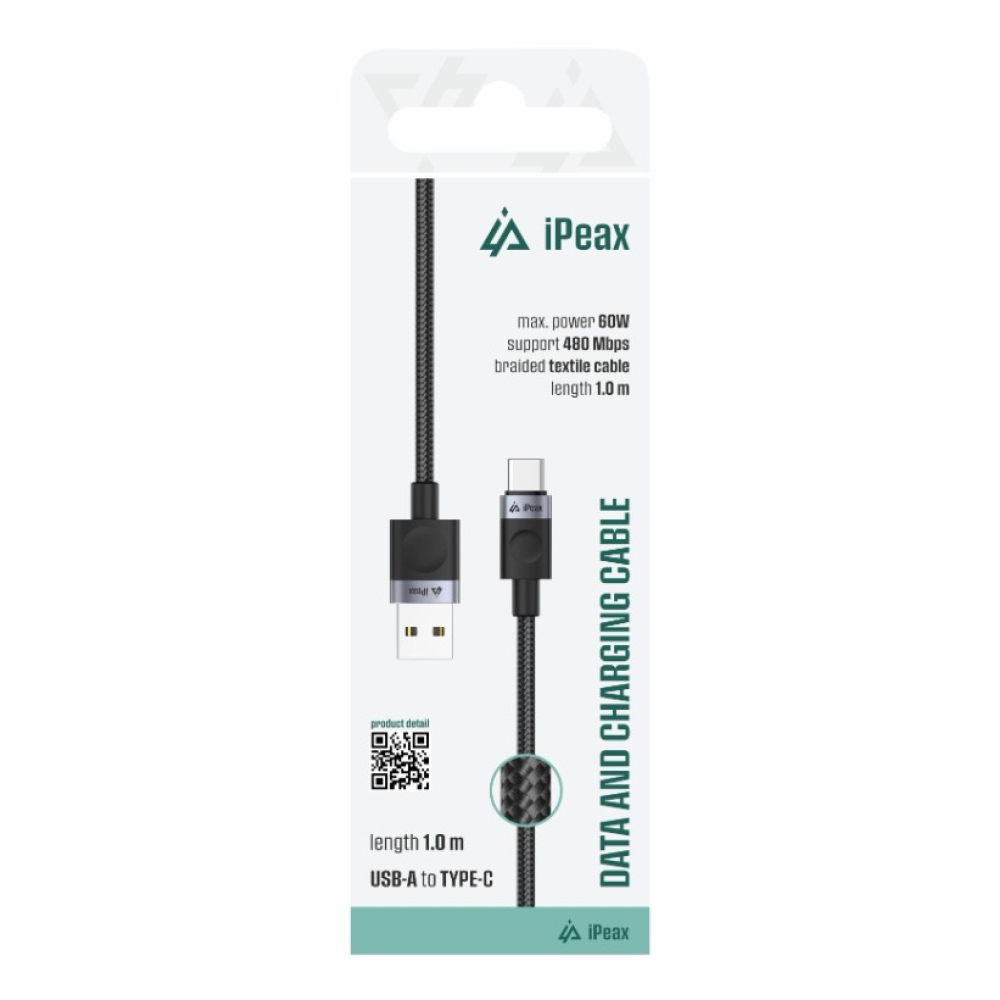 iPEAX textil kábel USB-A / USB-C 1M, USB 2.0 - fekete