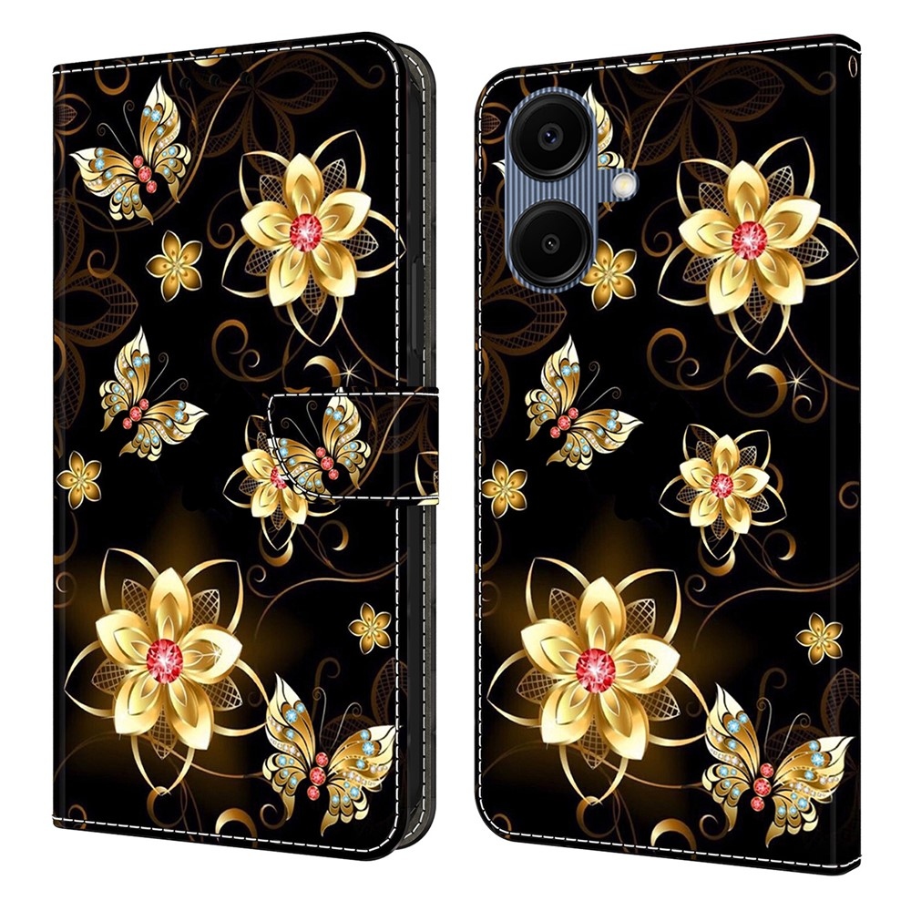 Sima könyves tok Samsung Galaxy A07 4G - arany pillangók és virágok