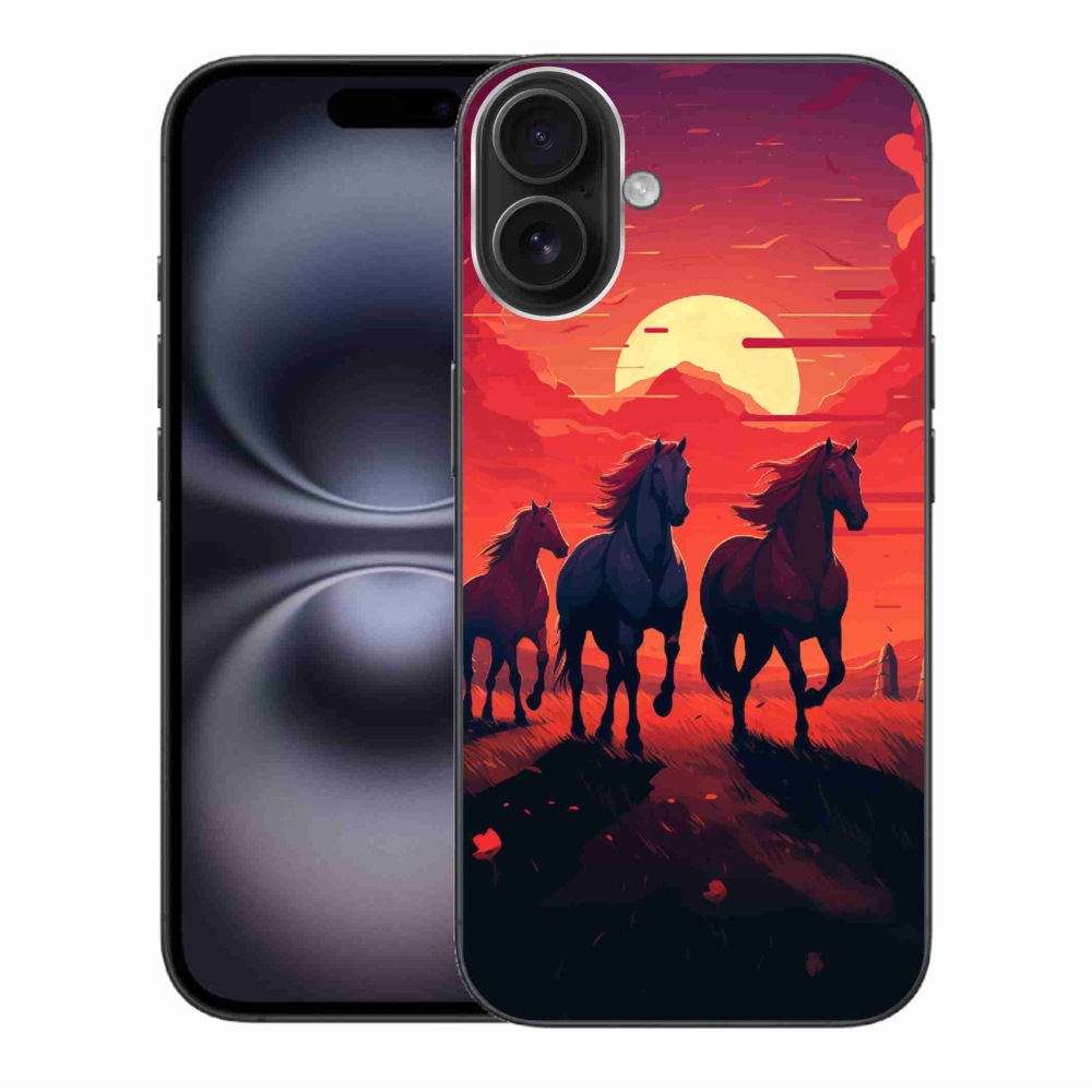 Gél borítás mmCase iPhone 16 Plus készülékhez - lovak és naplemente