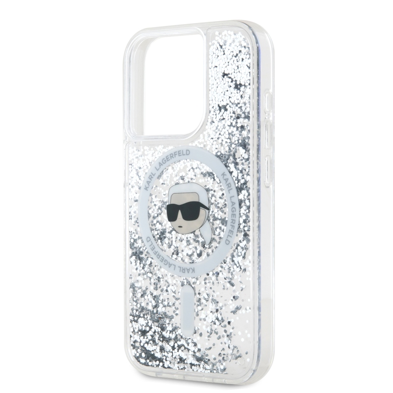 Karl Lagerfeld Liquid Glitter Karl Head Karl Head MagSafe hátlap iPhone 15 Pro Max-hoz Átlátszó