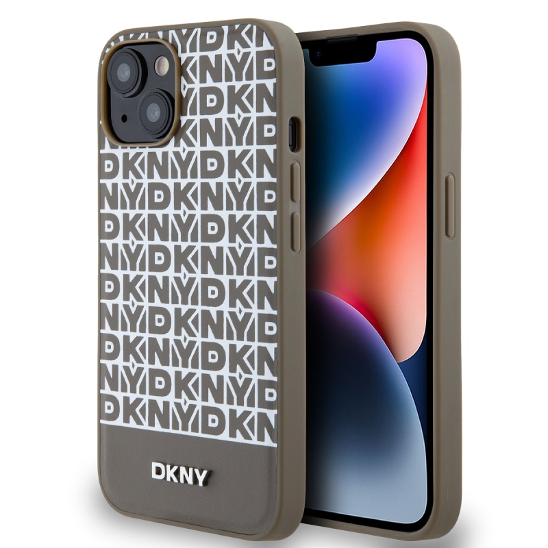 DKNY PU bőr ismétlődő mintás alsó csíkos MagSafe hátlap iPhone 15 barna 15-hez barna