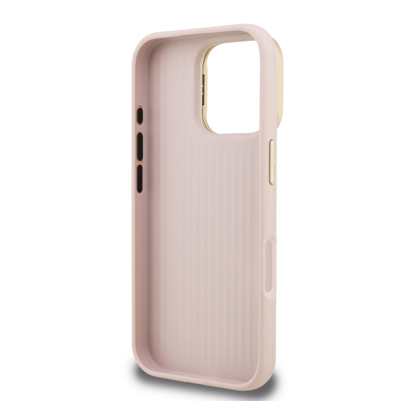 Guess PU szemcsés 4G logós állvány kamerakeret hátlap iPhone 16 Pro Max rózsaszínű iPhone 16 Pro Max-hoz