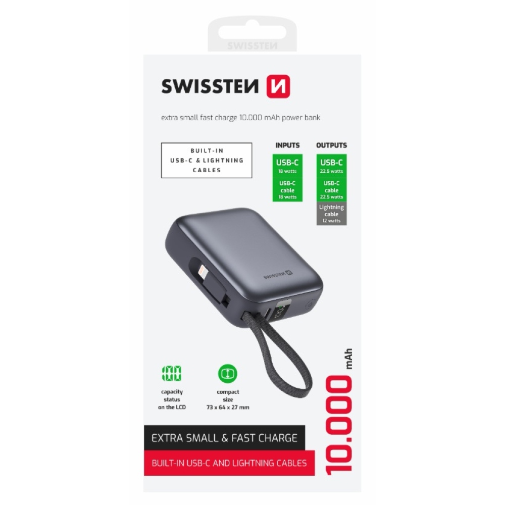 Swissten Powerbank integrált USB-C és Lightning kábelekkel, 10000 mAh - ezüst