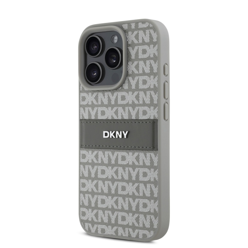 DKNY PU bőr ismétlődő mintás tonális csíkos hátlap iPhone 16 Pro Max bézs színű borítóhoz